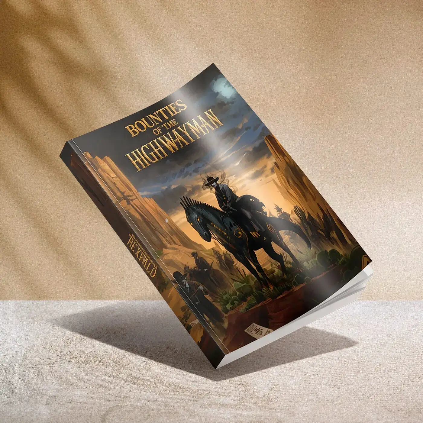 Book cover featuring a cowboy on a horse in a desert scene.
