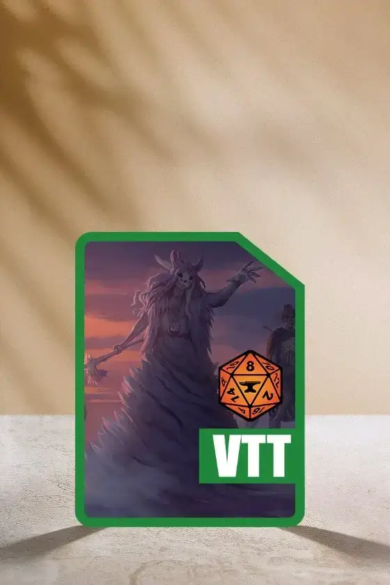 Fantasy game card featuring a mystical figure and dice symbol.