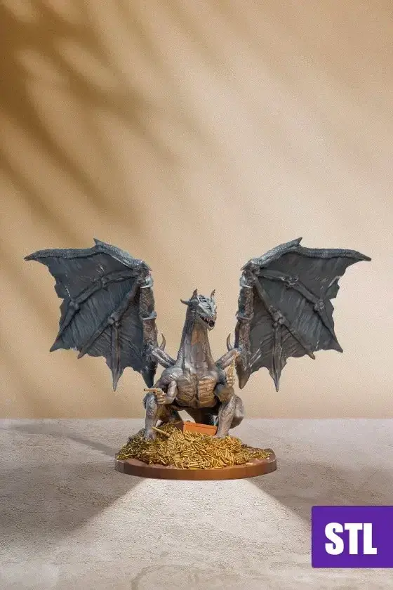 A detailed dragon figurine on a treasure base.