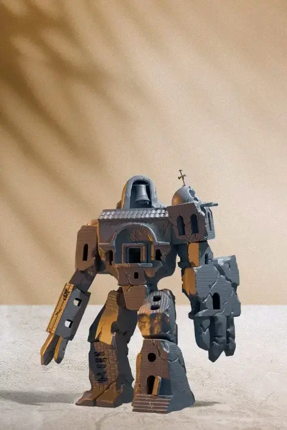 Robot figure resembling a house with towers.