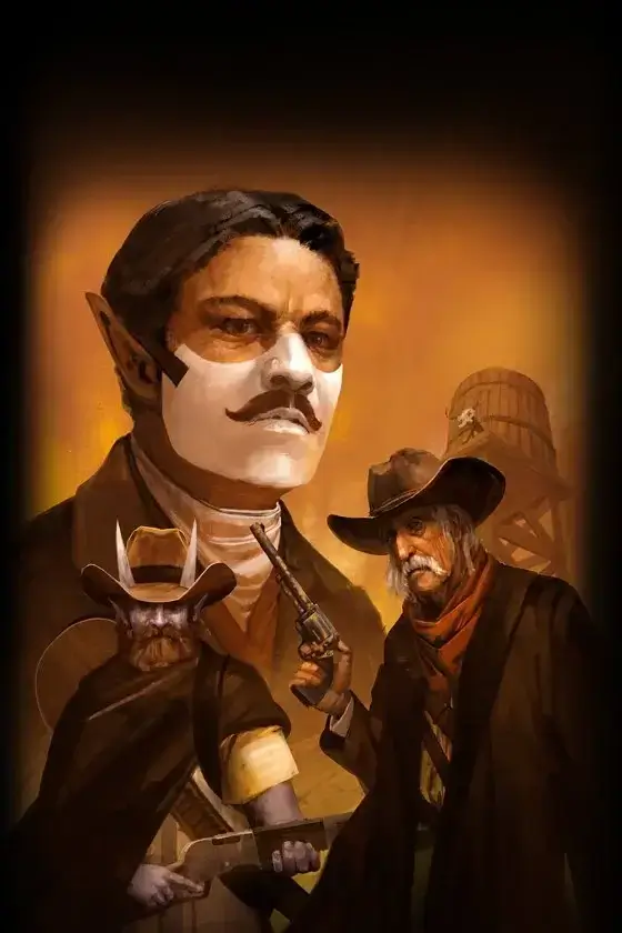 Three stylized cowboy characters in a dramatic Western setting.