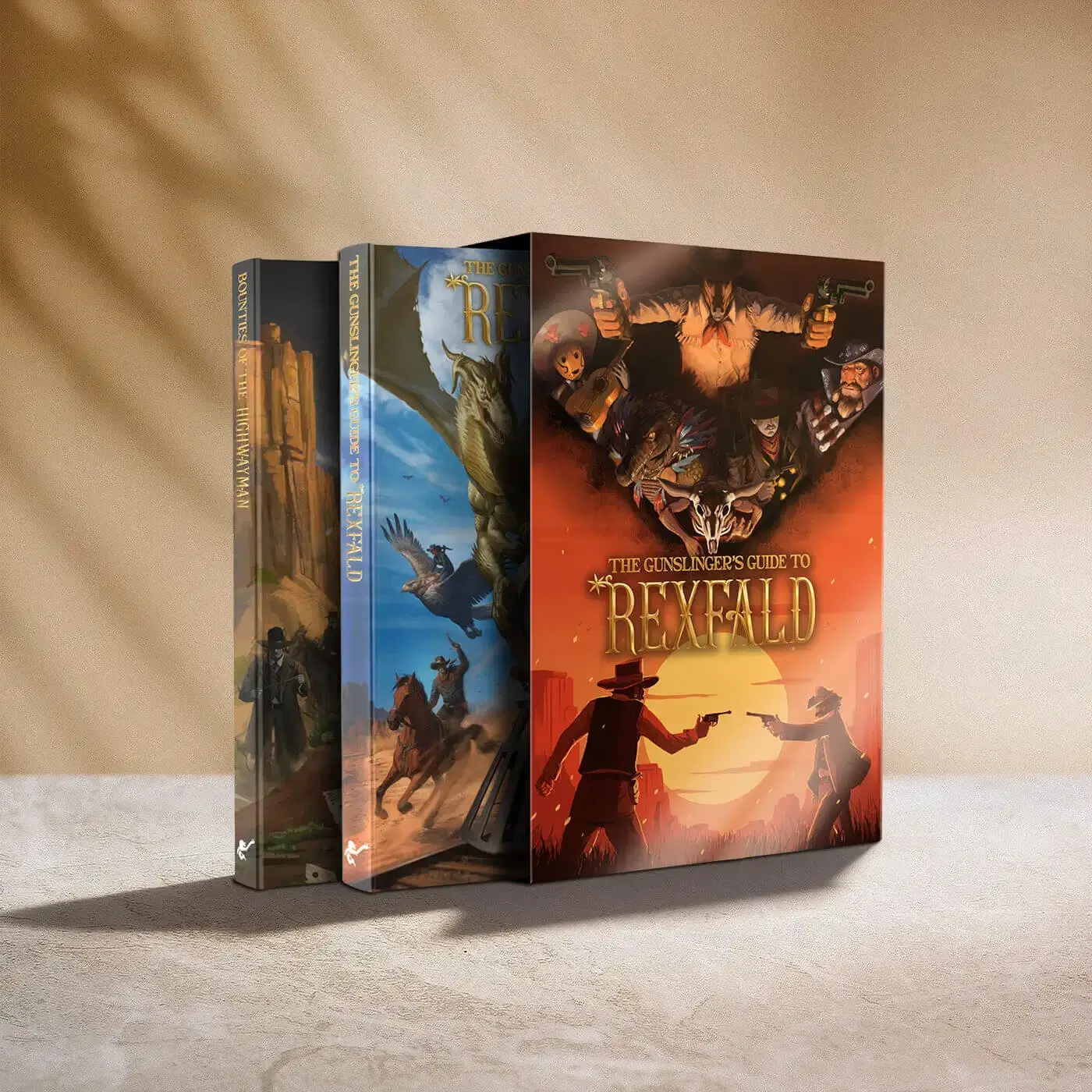 Three fantasy books featuring cowboys and dinosaurs.